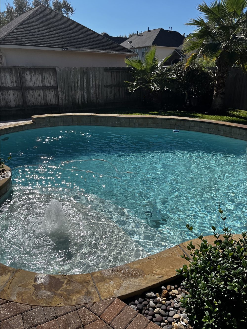 Backyard pool with clear blue water after professional cleaning in Austin