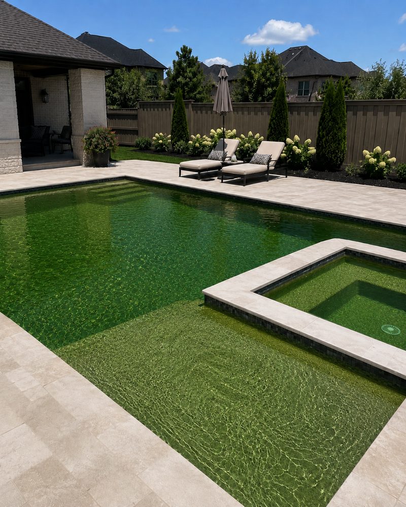 Backyard pool with green algae-filled water before treatment